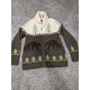 Eddie Bauer Woman's Full Zip Cardigan Bear Pine Tree Wool Blend Sweater Size M